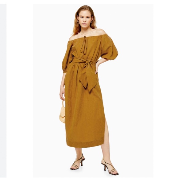 **$5 SALE** Topshop Brown Linen Blend Off The Shoulder Cottagecore Midi Dress - Picture 1 of 5